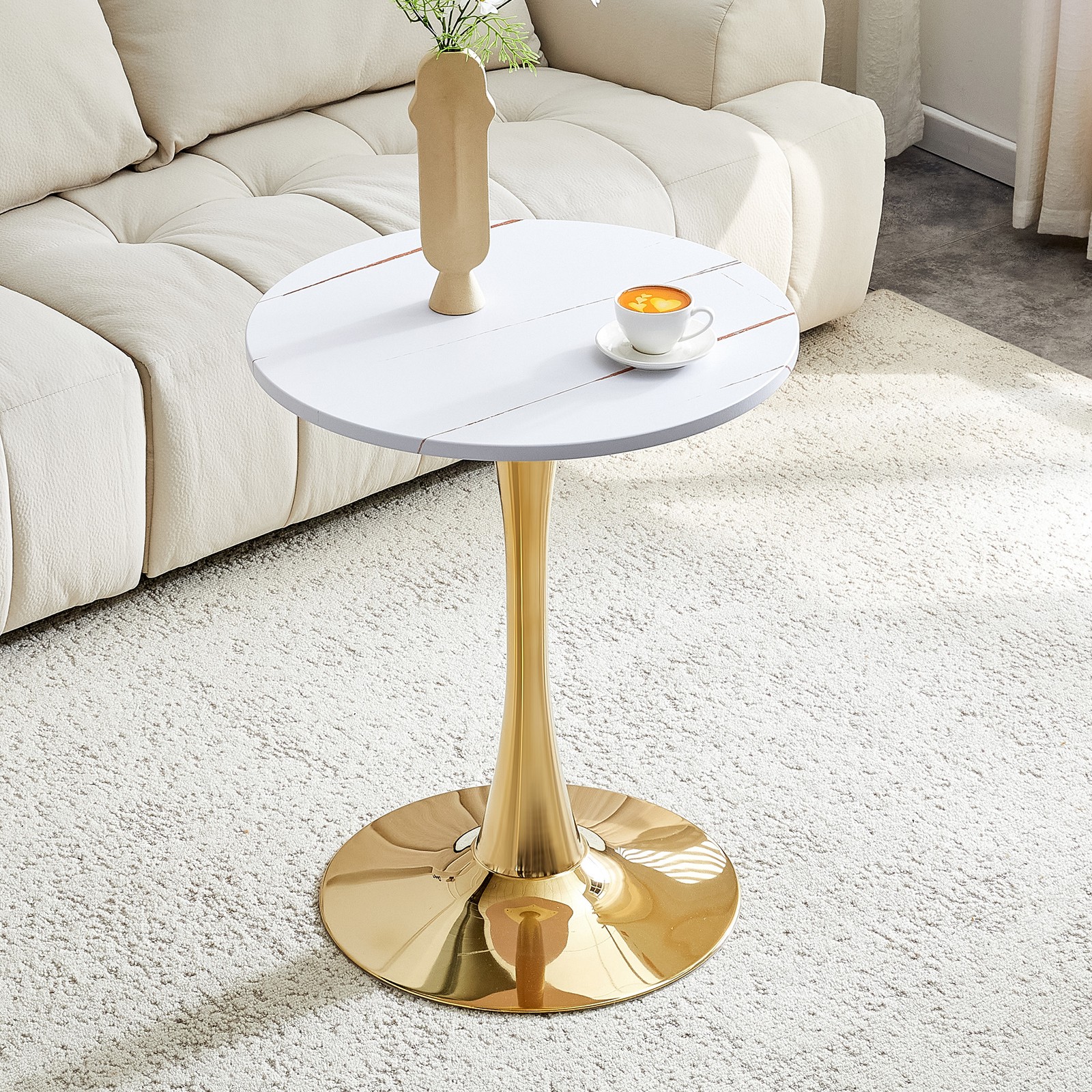 Round Tulip Dining Table 23.6″ White MDF Top Metal Pedestal Base