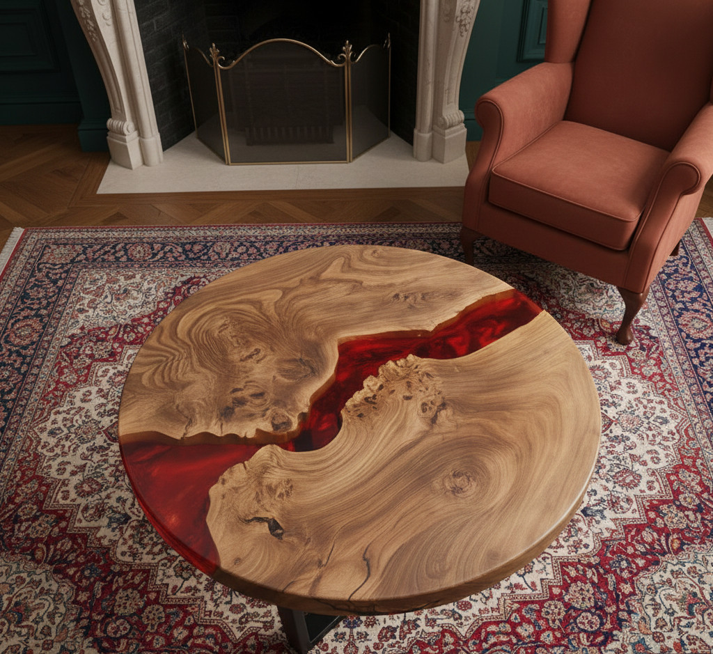 12″ Red Resin River Table Round Live Edge Wood Coffee Table Lava Flow Epoxy Art