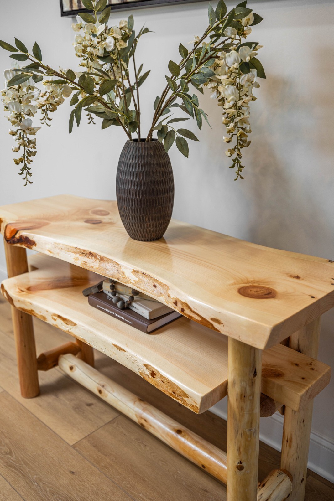 Southern Rustic Logwerks Log Console Table with Shelf Live Edge