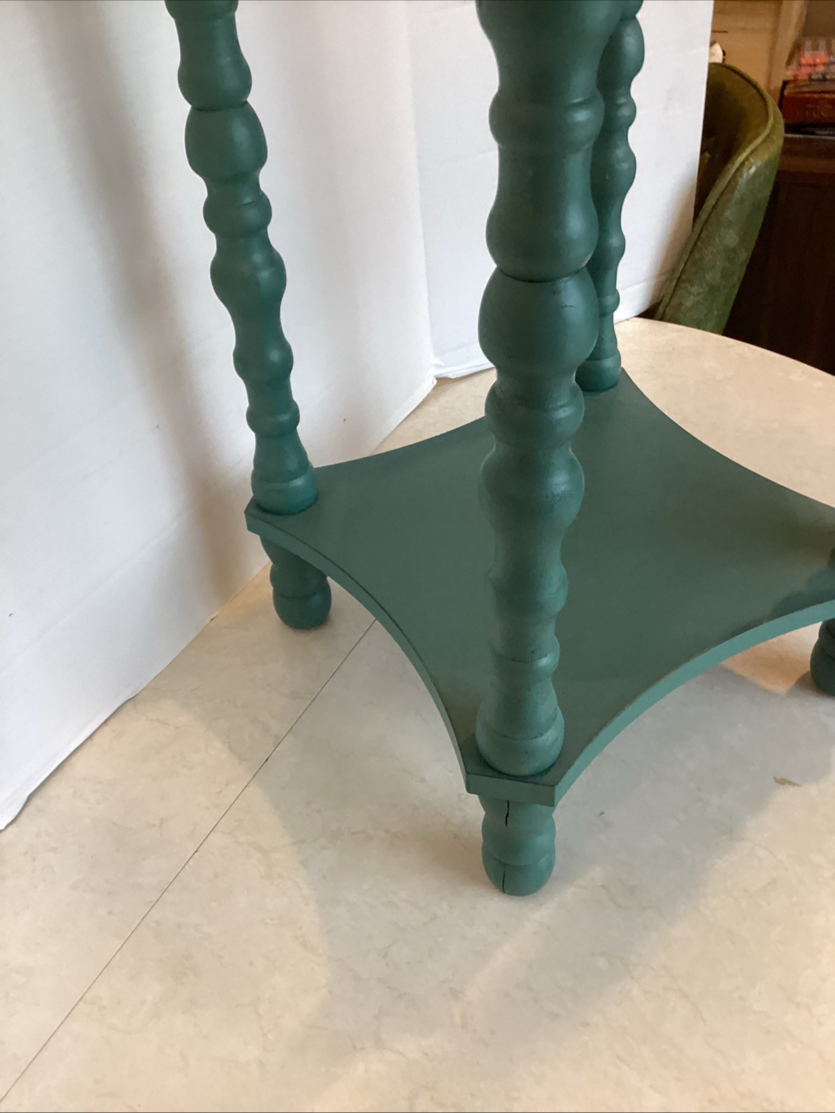Turquoise Tooled Wood 2 Tiered Accent Table/Plant Stand