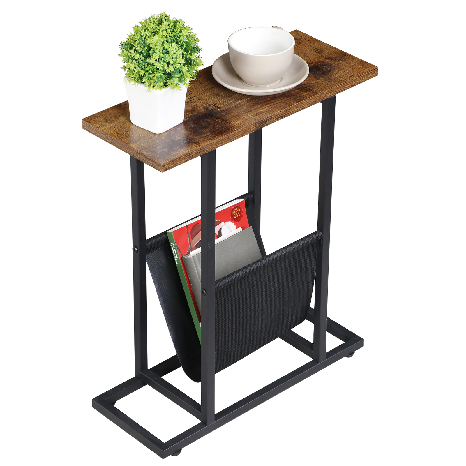 Side Table End Table with Magazine Holder for Living Room with Metal Frame Brown