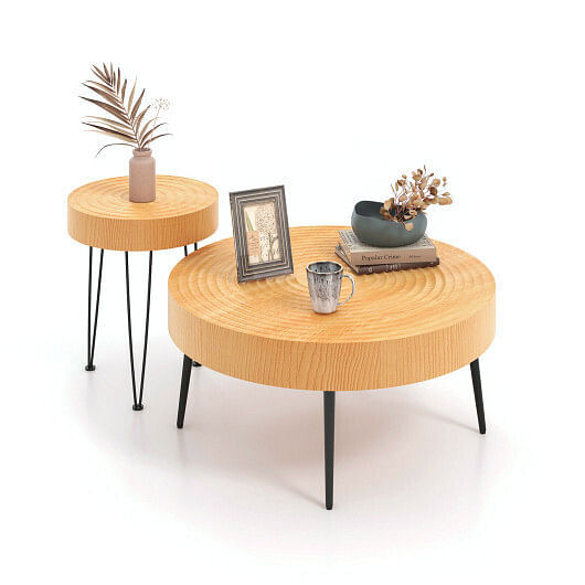 Set of 2 Solid Wood Farmhouse Round Coffee Tables-Natural – Color: Natural