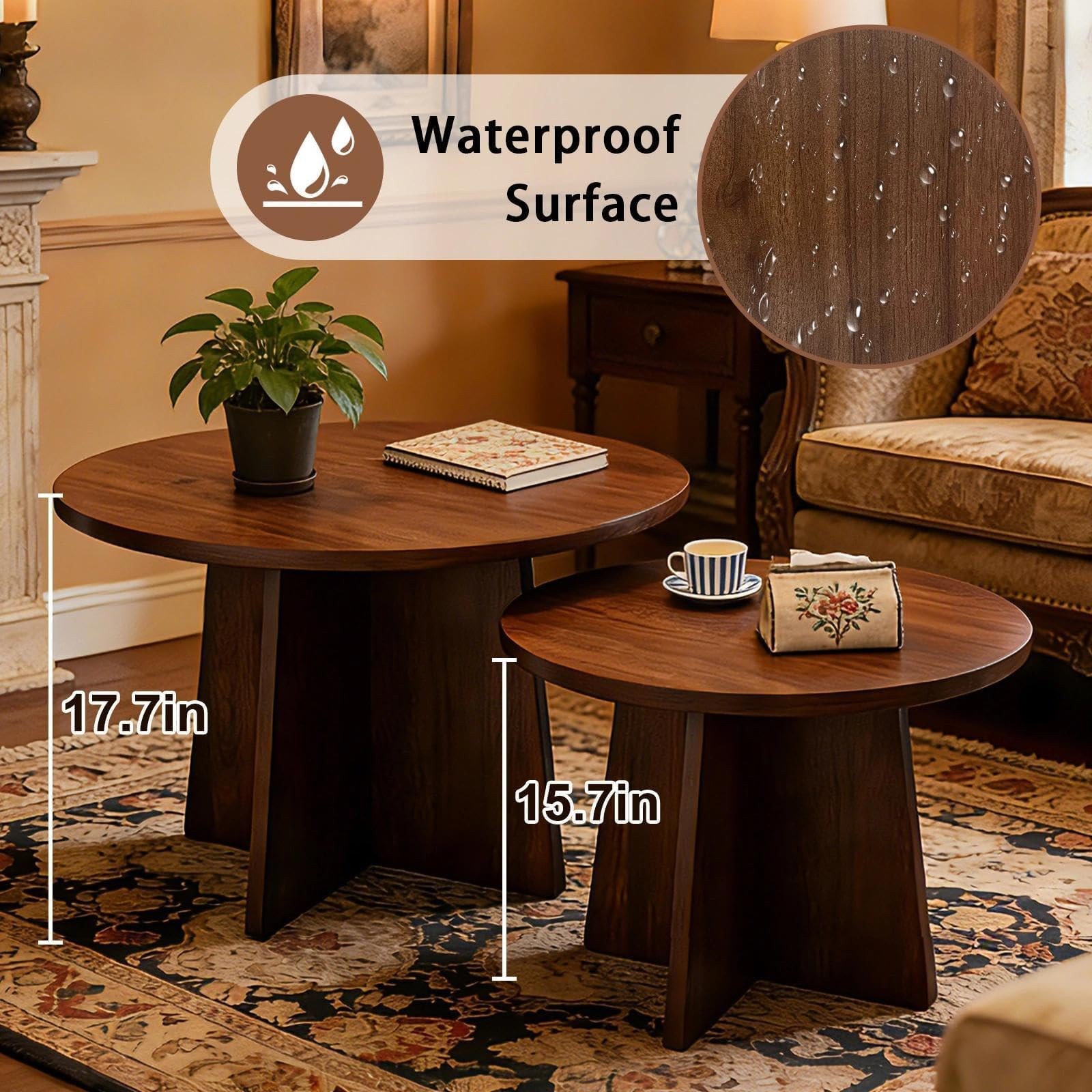 Short Small Round Coffee Table 15.7×15.7in, Side Table Walnut