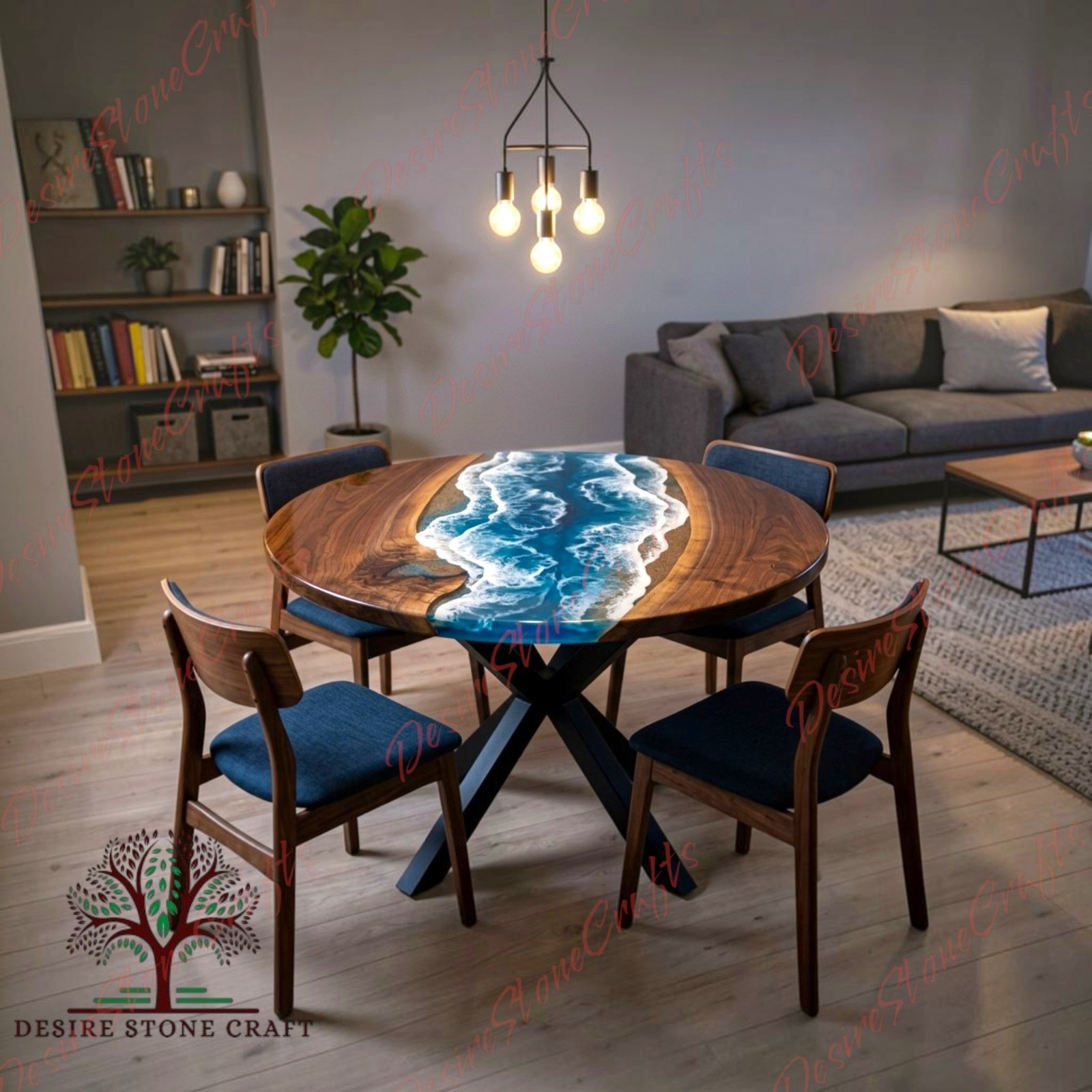 Ocean Wave Blue Resin Round Dining Table Live Edge Wood Epoxy River Table
