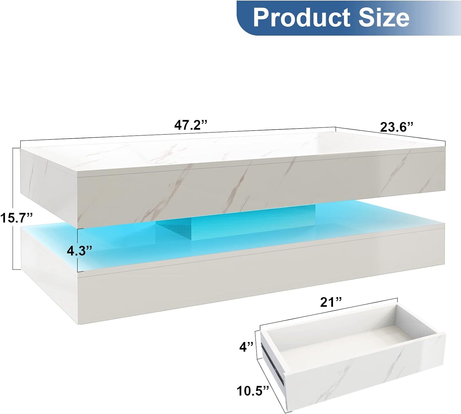 47.3″ Modern High Glossy LED Coffee Table with 2 Storage Drawers, APP LED Lights