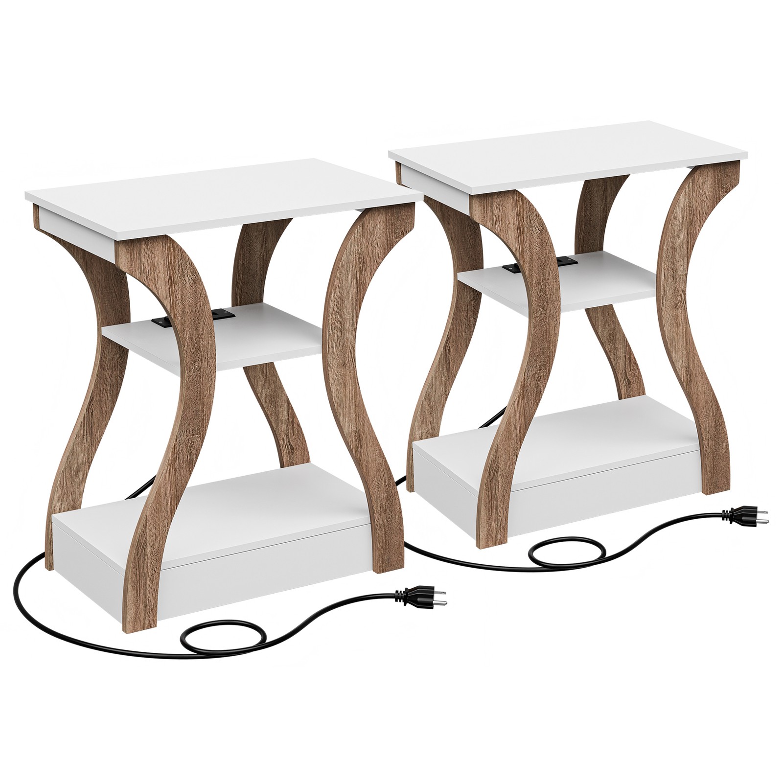 3 Tier End Table w/ USB Charging Station White Storage Shelf for Living Room 2X