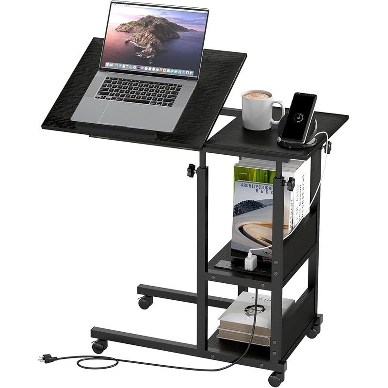 Height Adjustable C Shaped Table W/ Tilt Top & Charging Station Wheels New