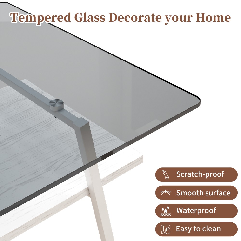 Gray Glass Rectangle Coffee Table, White Metal Legs
