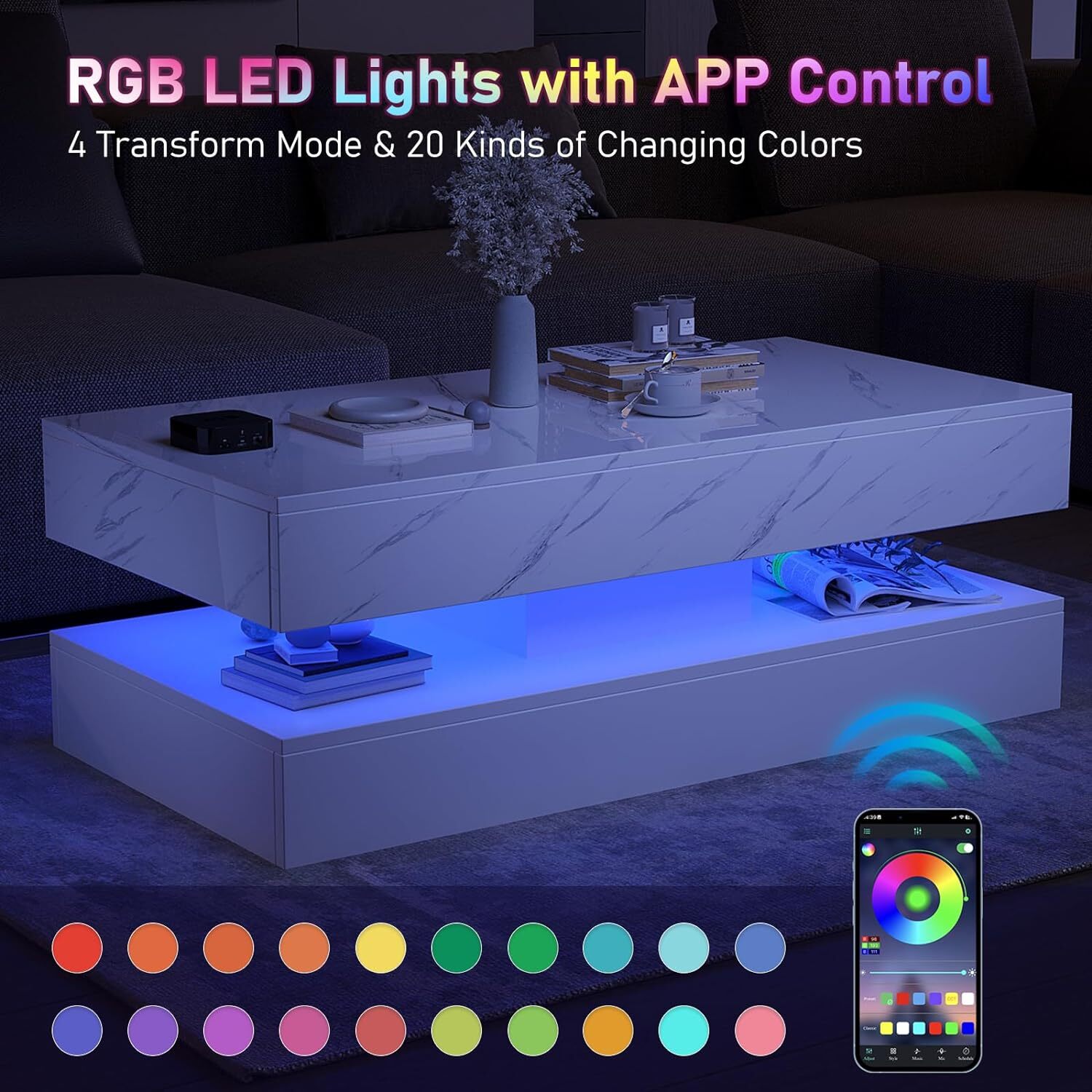 47.3″ Modern High Glossy LED Coffee Table with 2 Storage Drawers, APP LED Lights