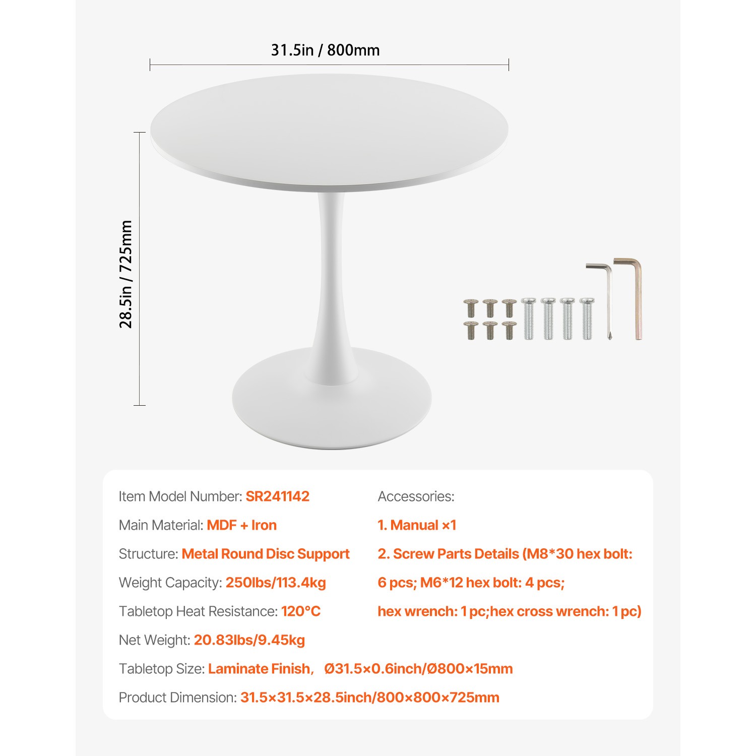 32 in Round Dining Table Wood Kitchen Table for 2-4 Person White (Only Table)