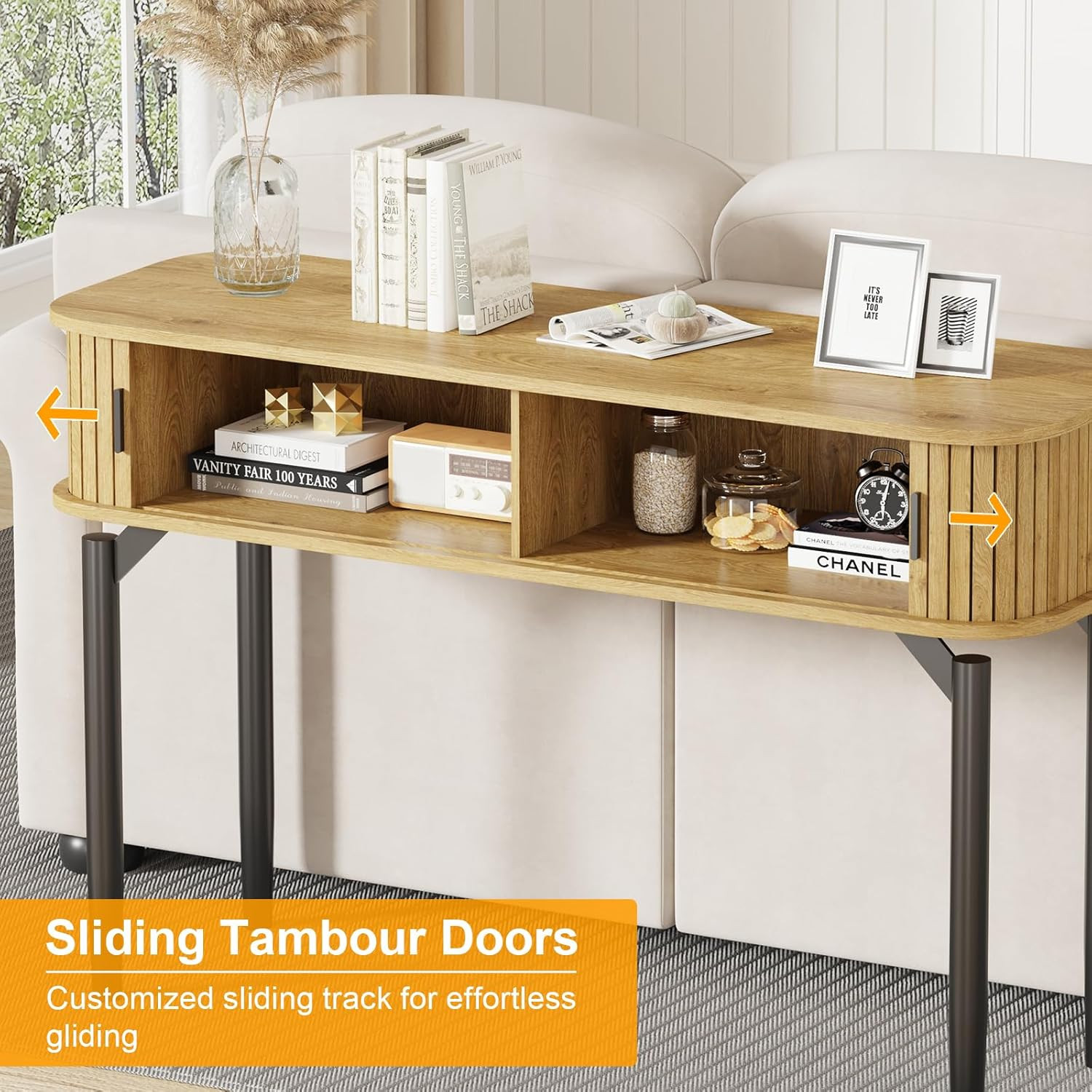 Stylish Oak Fluted Console Table with Sliding Door Storage for Entryway