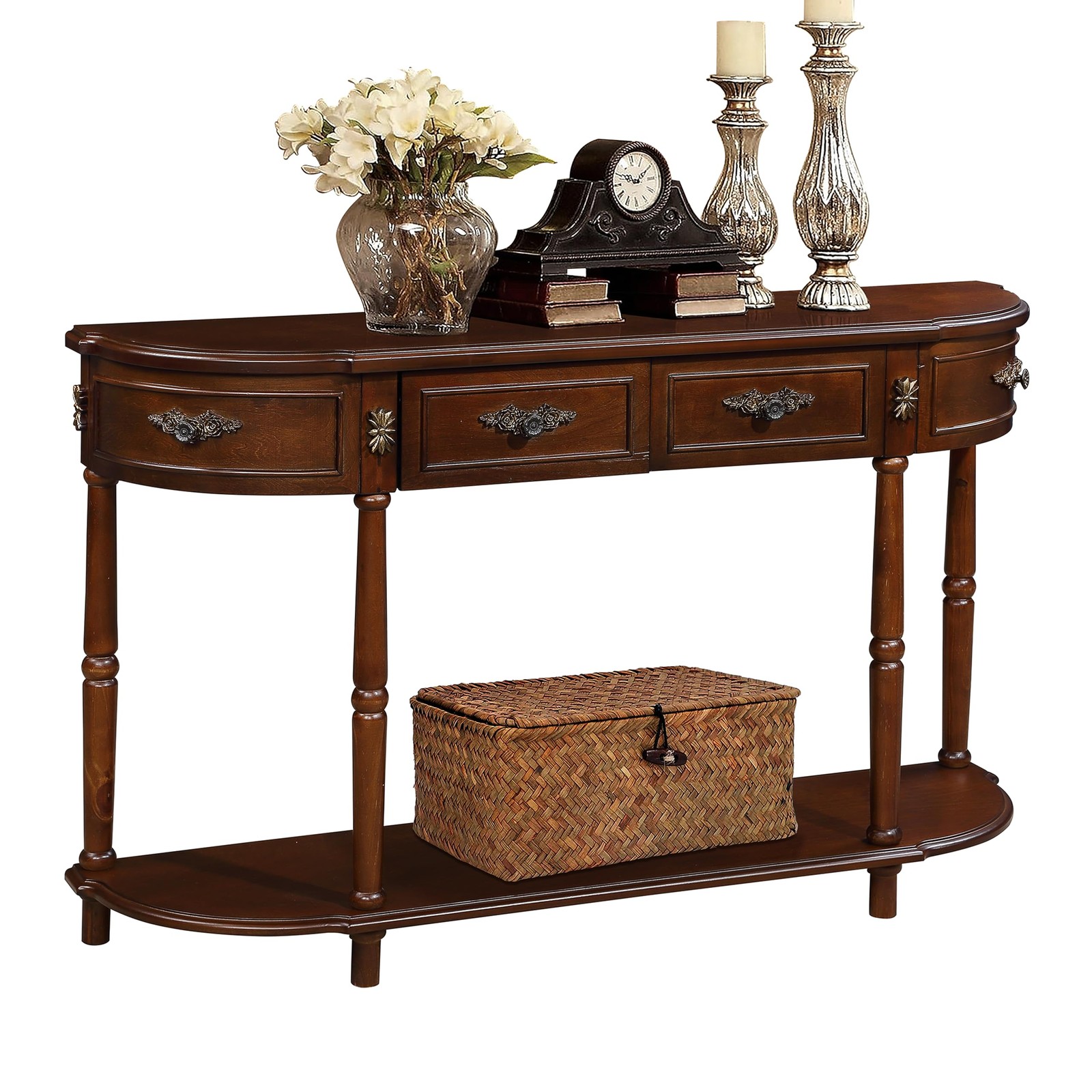 52″ Retro Curved Console Table, Wood Sofa Table with Open Shelf and 2 Drawers