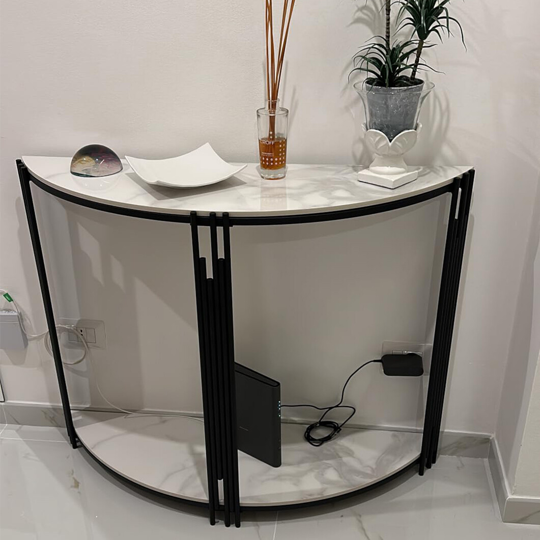 Unique Glossy White Console Table Sintered Stone Top & Bottom Storage Metal Legs