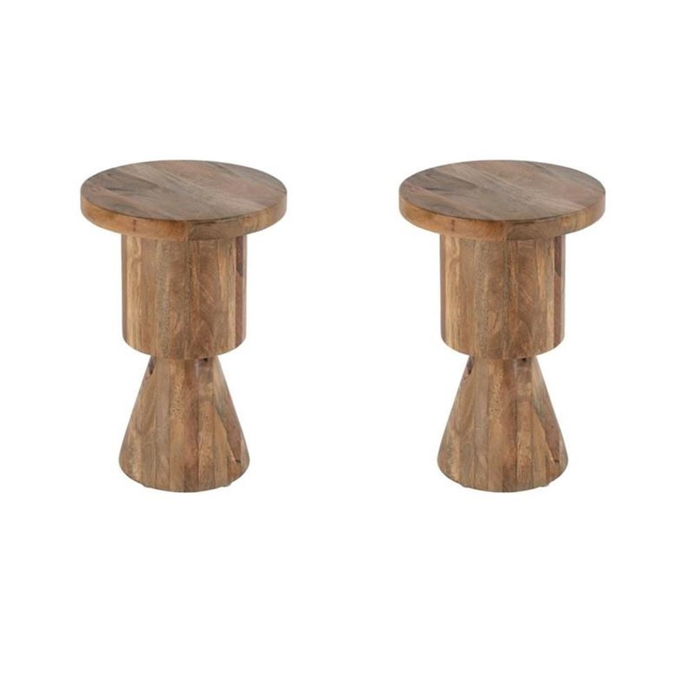 Pemberly Row Set of 2 15″ Round Solid Wood Side Tables in Brown