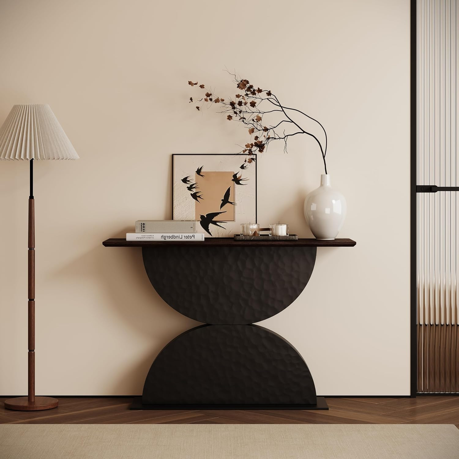 47″ Walnut Black Console Table with 3D Base and LED Light for Any Room