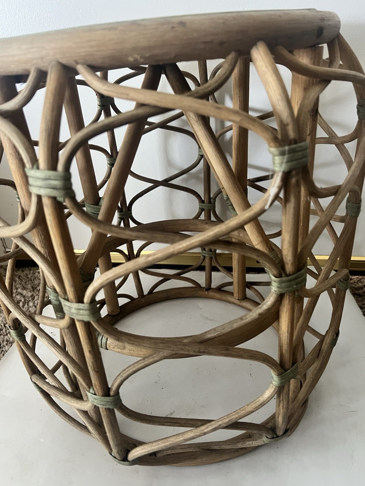 Vintage Rattan Bamboo Side Table Plant Stand Coiled Top Accent Boho Chic MCM