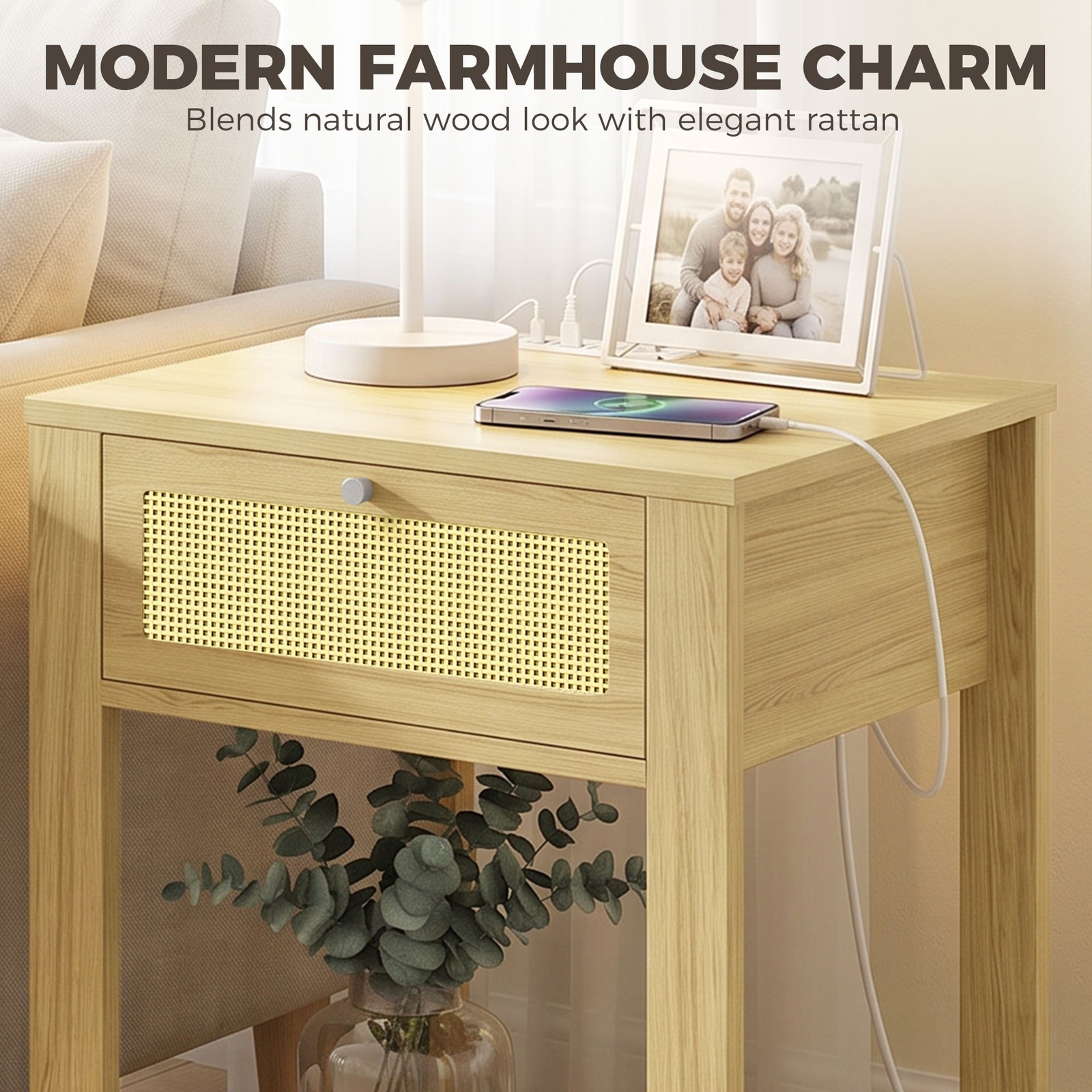 HOMCOM End Table Set of 2 with Charging Station, Bed Side Tables, Natural