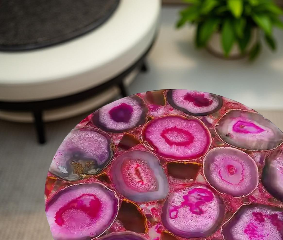 Pink Agate Round Coffee Table | Handmade Gemstone Side Table for Living Room