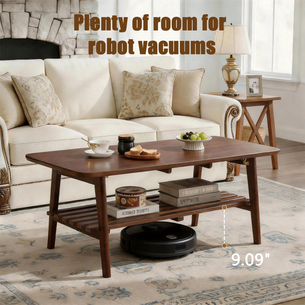 Walnut Brown Wooden Coffee Table, Mid-Century, Rectangular with Storage Shelf
