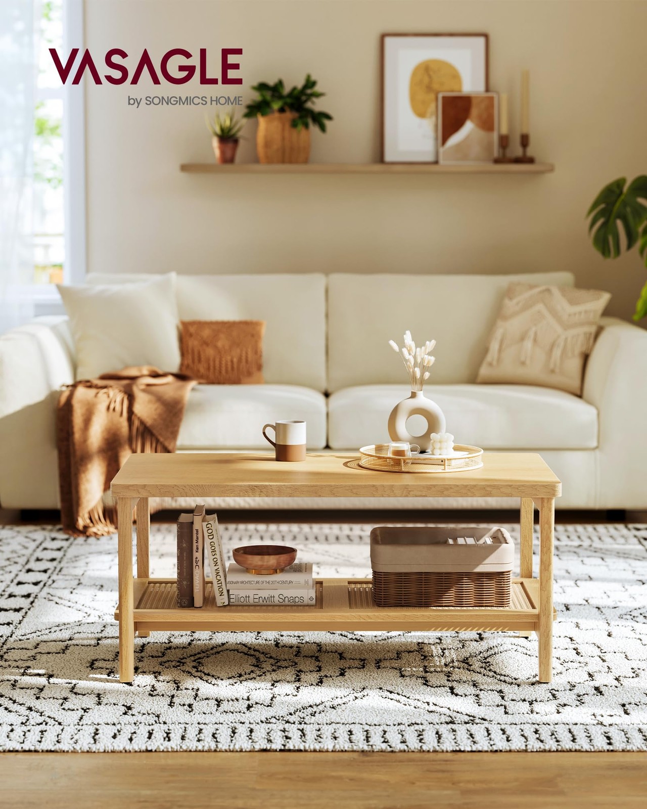 2-Tier Coffee Table for Living Room, Rectangular Living Room Table, with PVC …