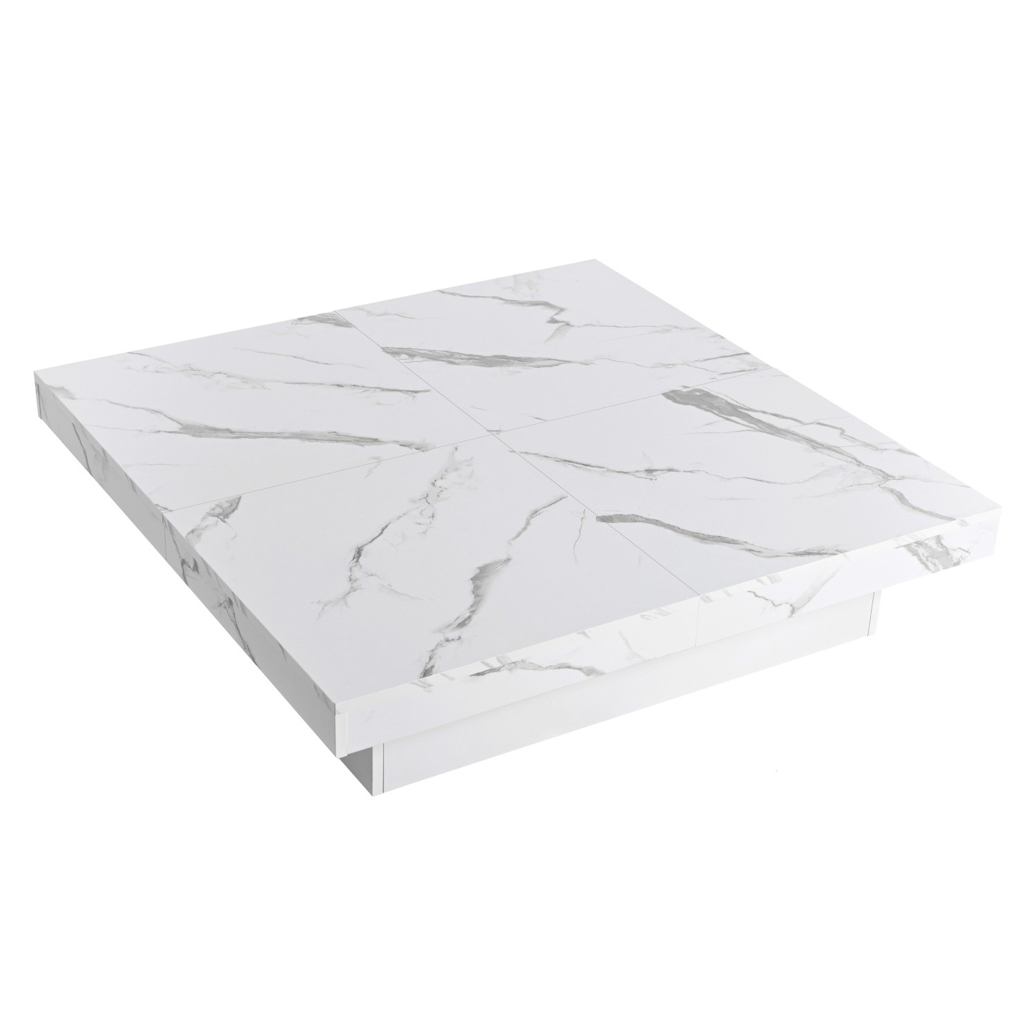 Modern Square Cocktail Coffee Table w/ White Marble Sliding Top & Hidden Storage
