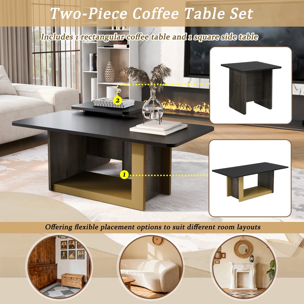 Modern Square Coffee & End Table Set of 2, Black, for Living Room, MDF & Metal