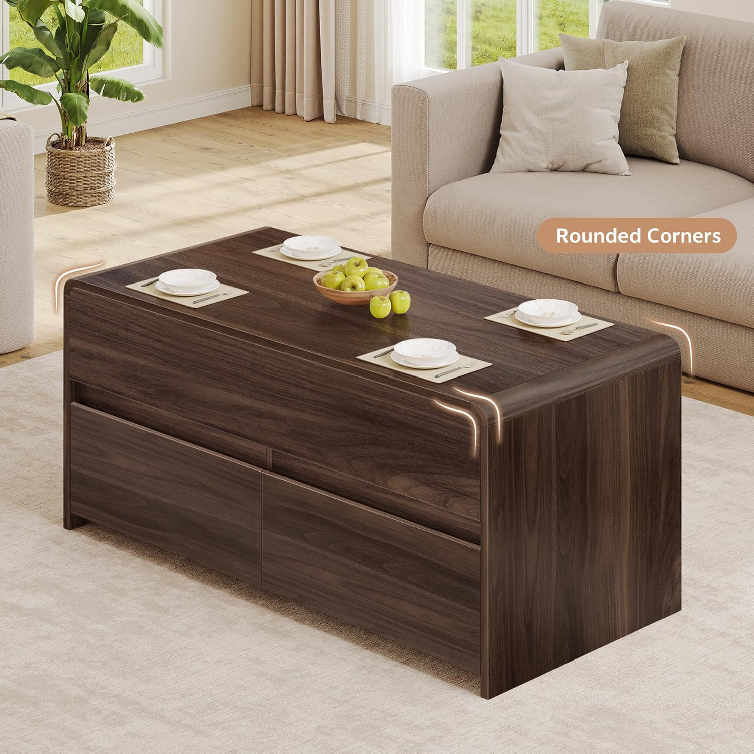 Lift Top Coffee Table with Storage Drawers – Walnut, 39In for Small Spaces