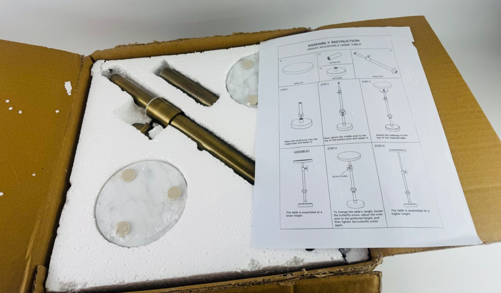 Adjustable-Height Marble Drink Table -10x10x22-30, White Marble & Antique Brass