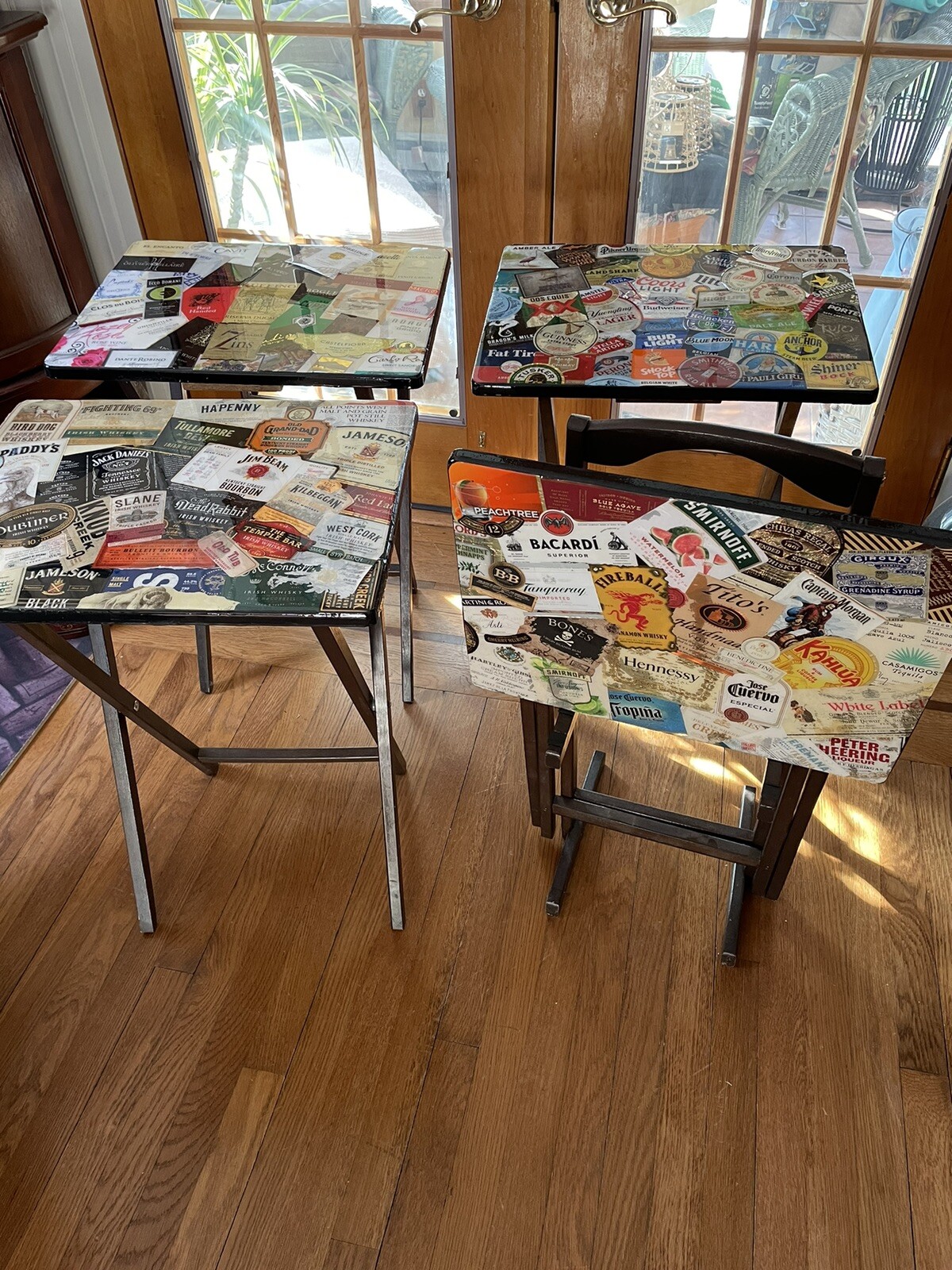 Unique Set Of 4 TV Trays And Stand That Have Been Customized With Liquer Labels