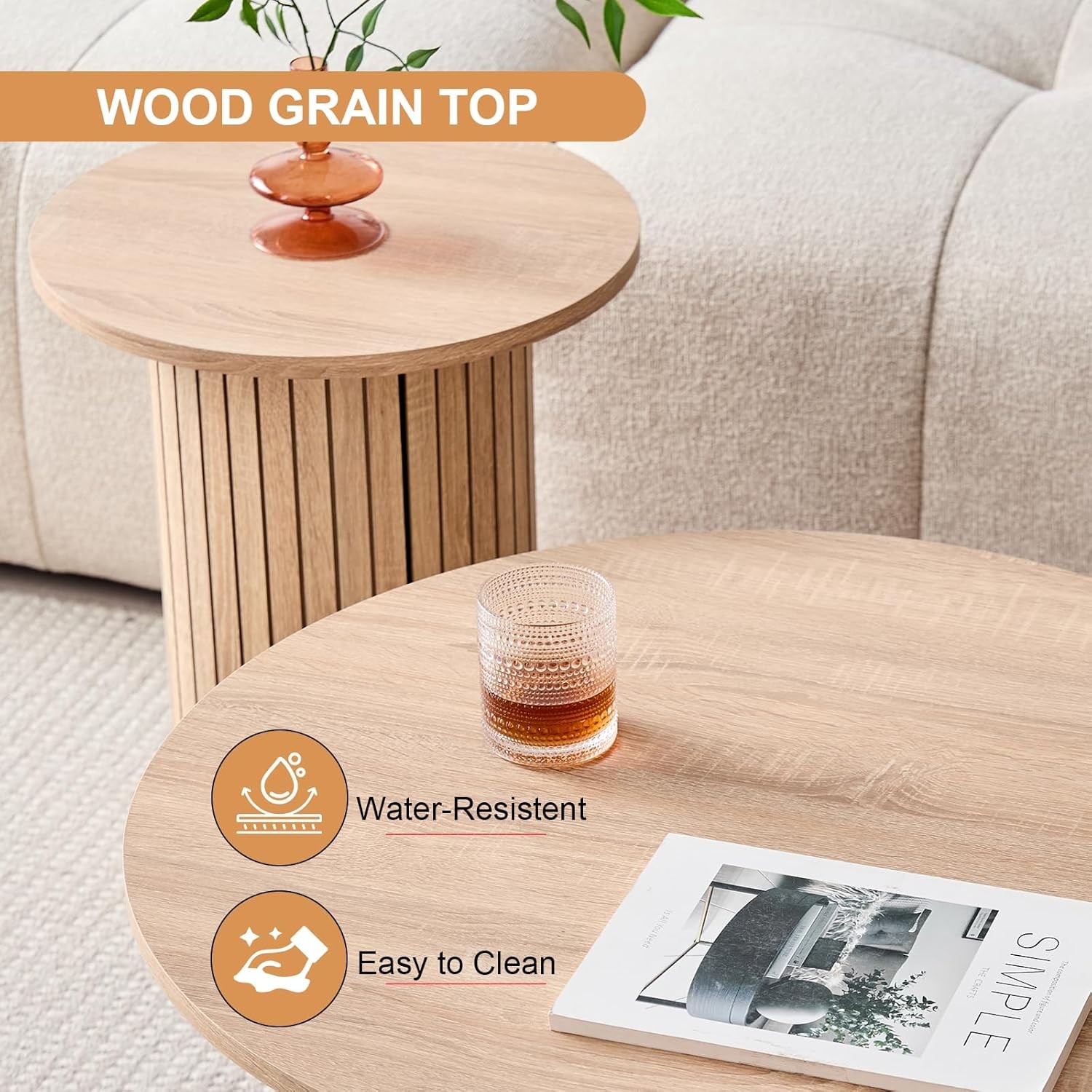 Round Nesting Coffee Tables for Living Room, Set of 2, Natural | φ27.6 + φ15.8