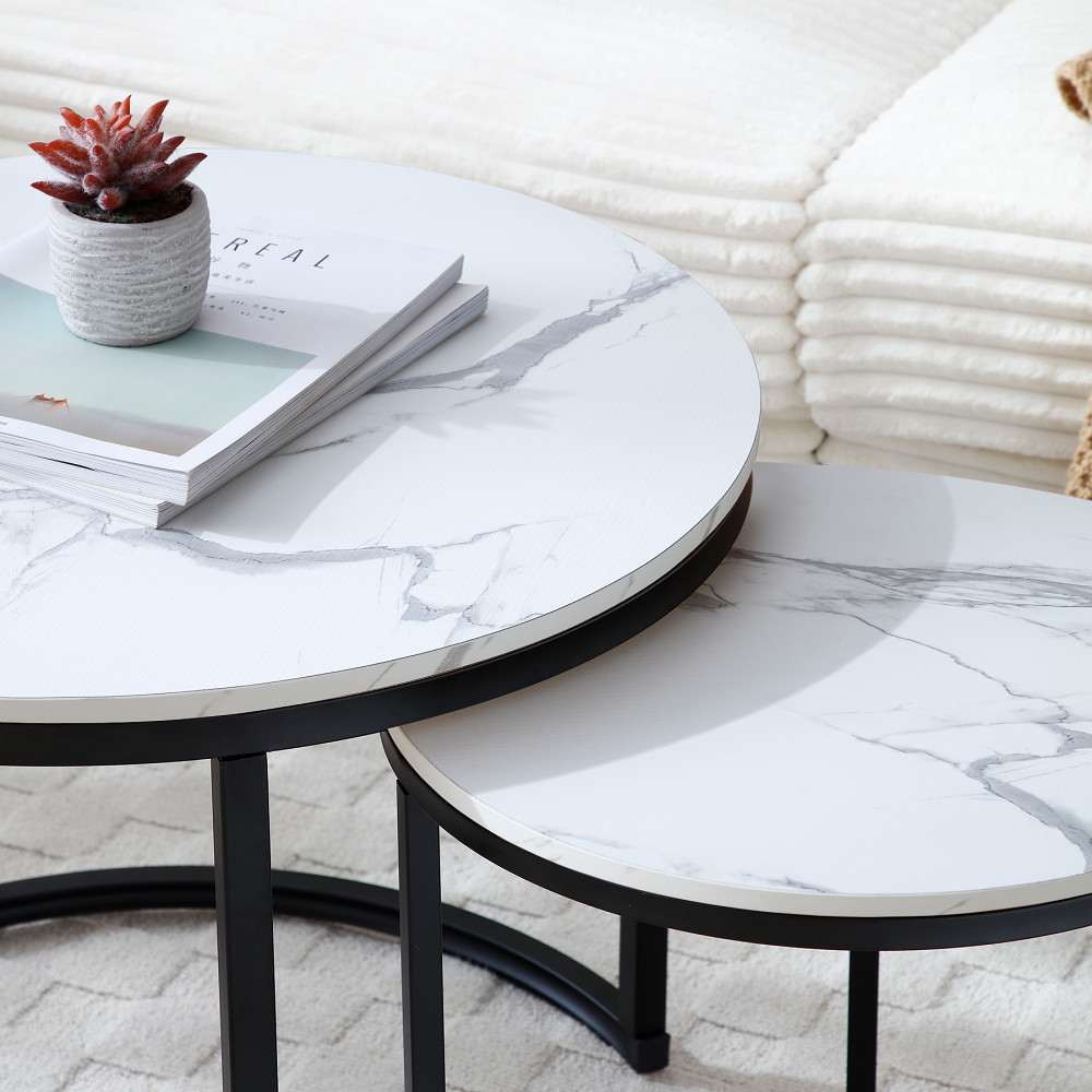 Set 2 Coffee Table Nesting White and Gray Top Black Frame Circular Round