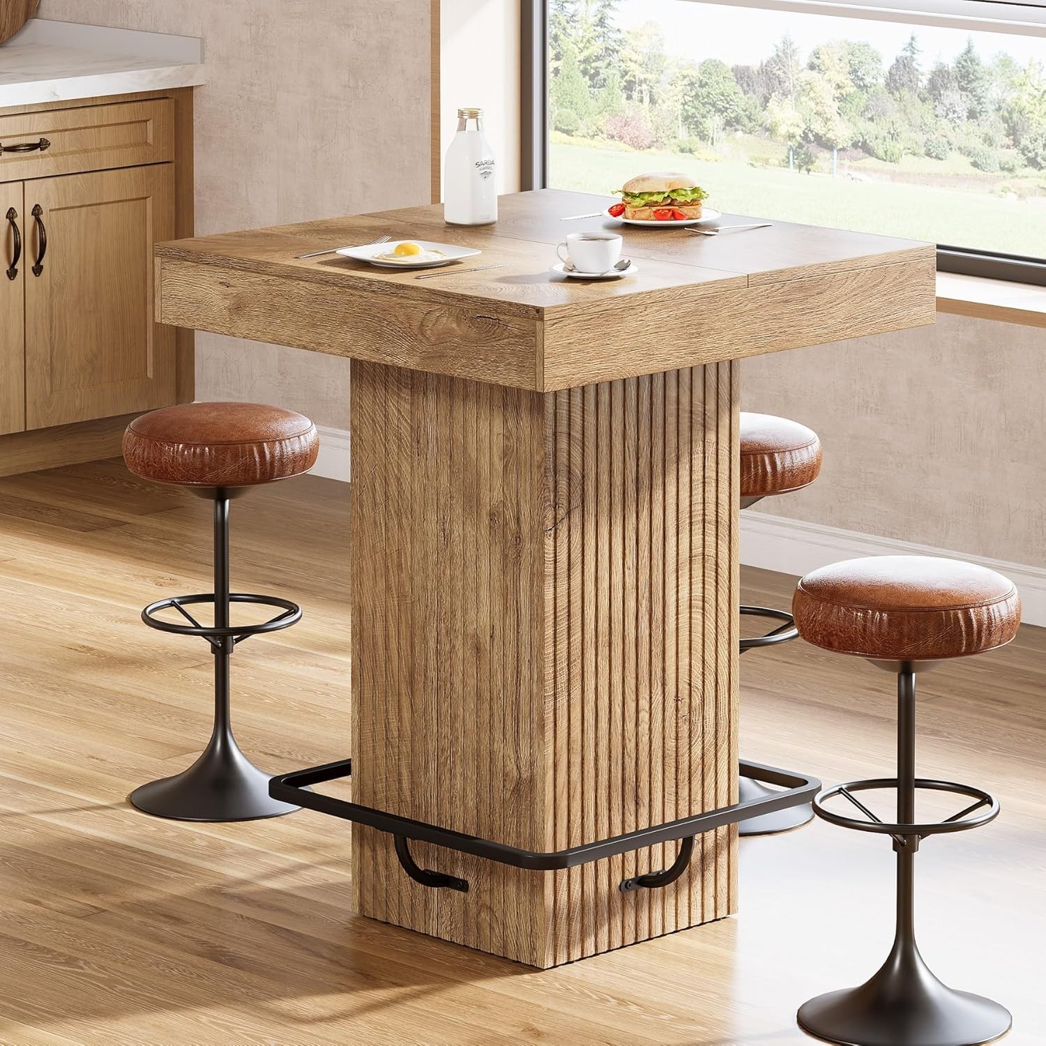 Square Bar Table Industrial Kitchen Pub Table with Metal Footrest for Home Bar