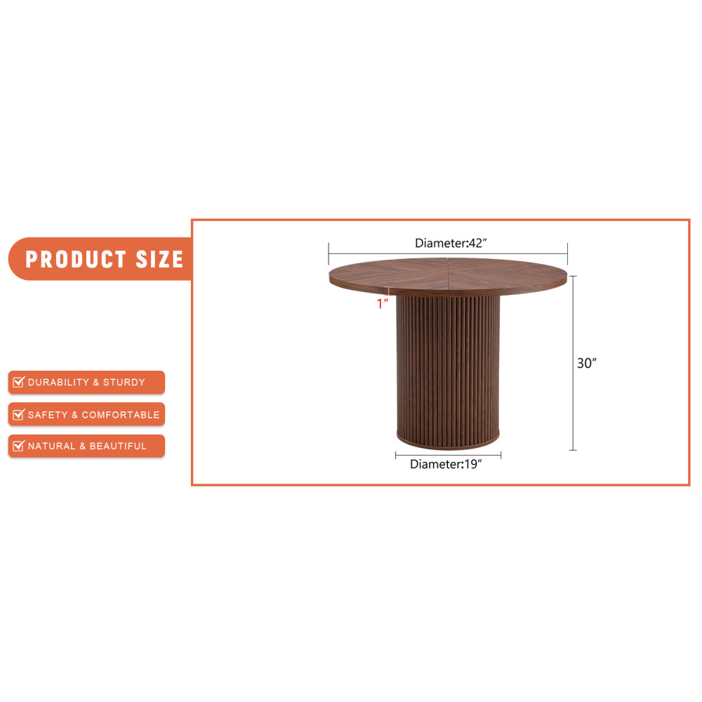 A modern spliced circular dining table with a diameter of 42 inches