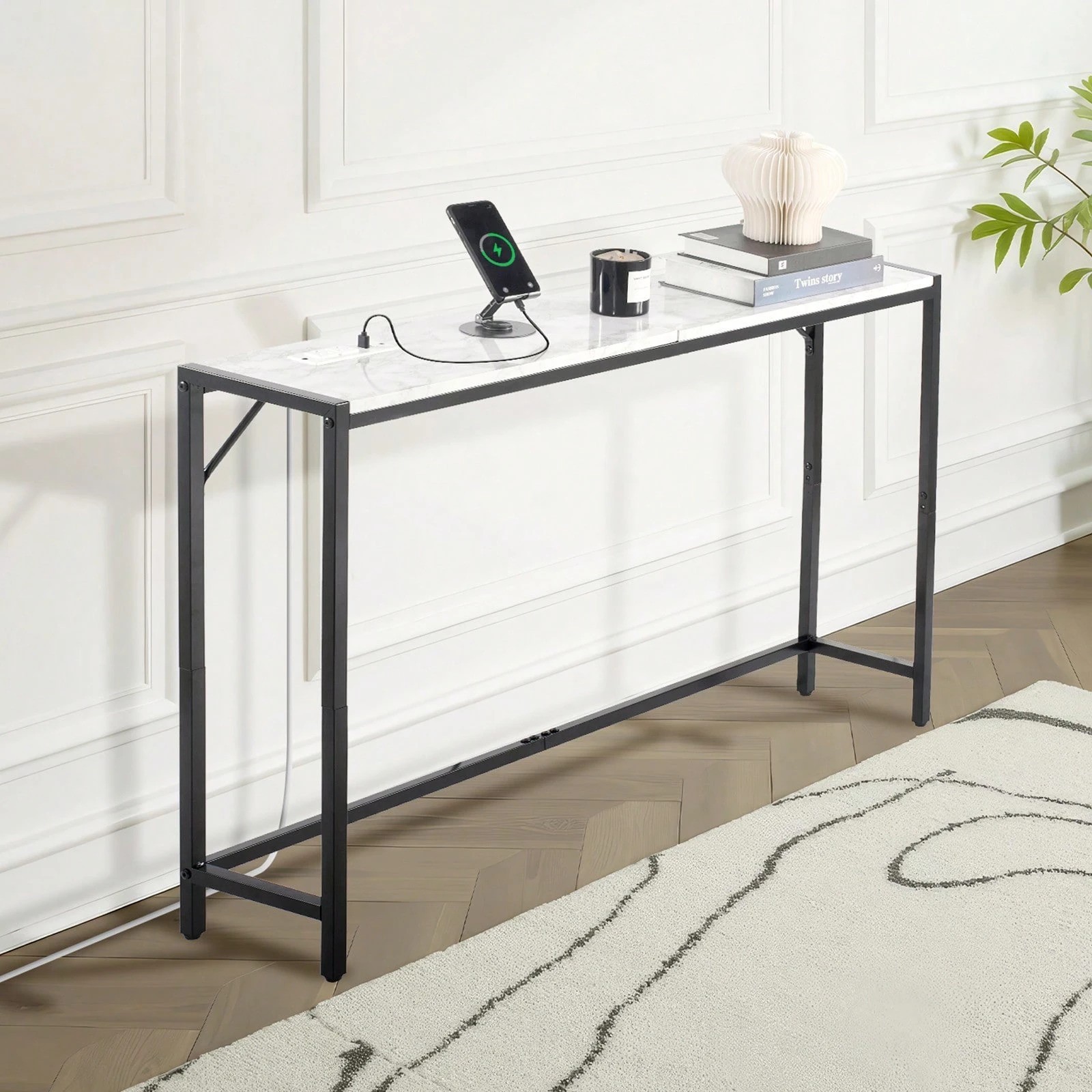 Marble Console Table with Power Outlet Narrow Behind Sofa Entryway Table