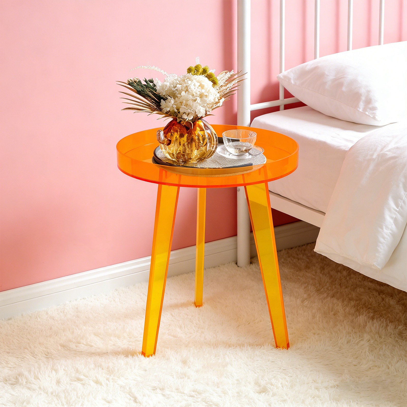 Orange Acrylic Side Table Side Table, End Table for Living Room, Bedroom