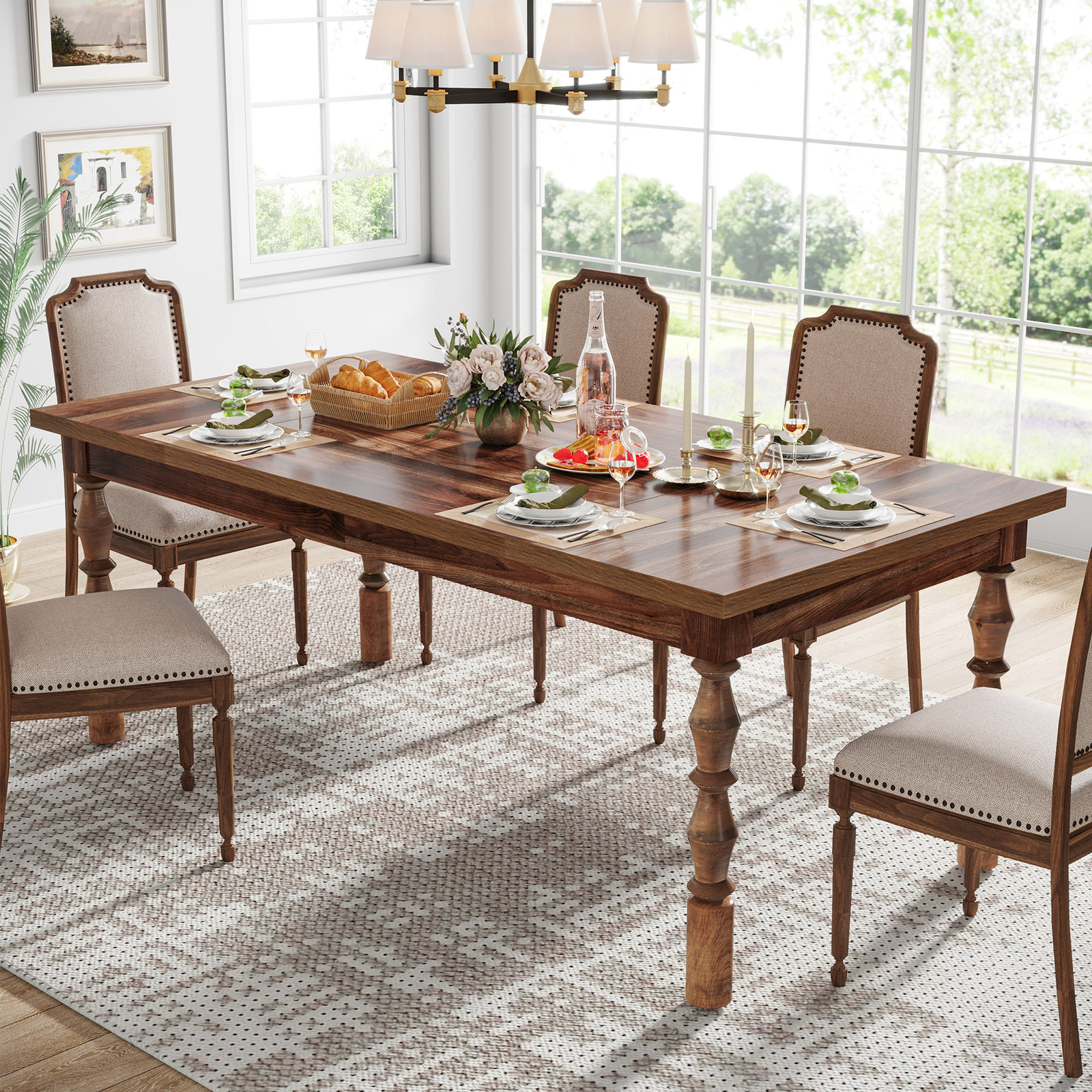 62″ Farmhouse Wood Dining Table for 4 to 6 People, Large Rectangle Kitchen Table