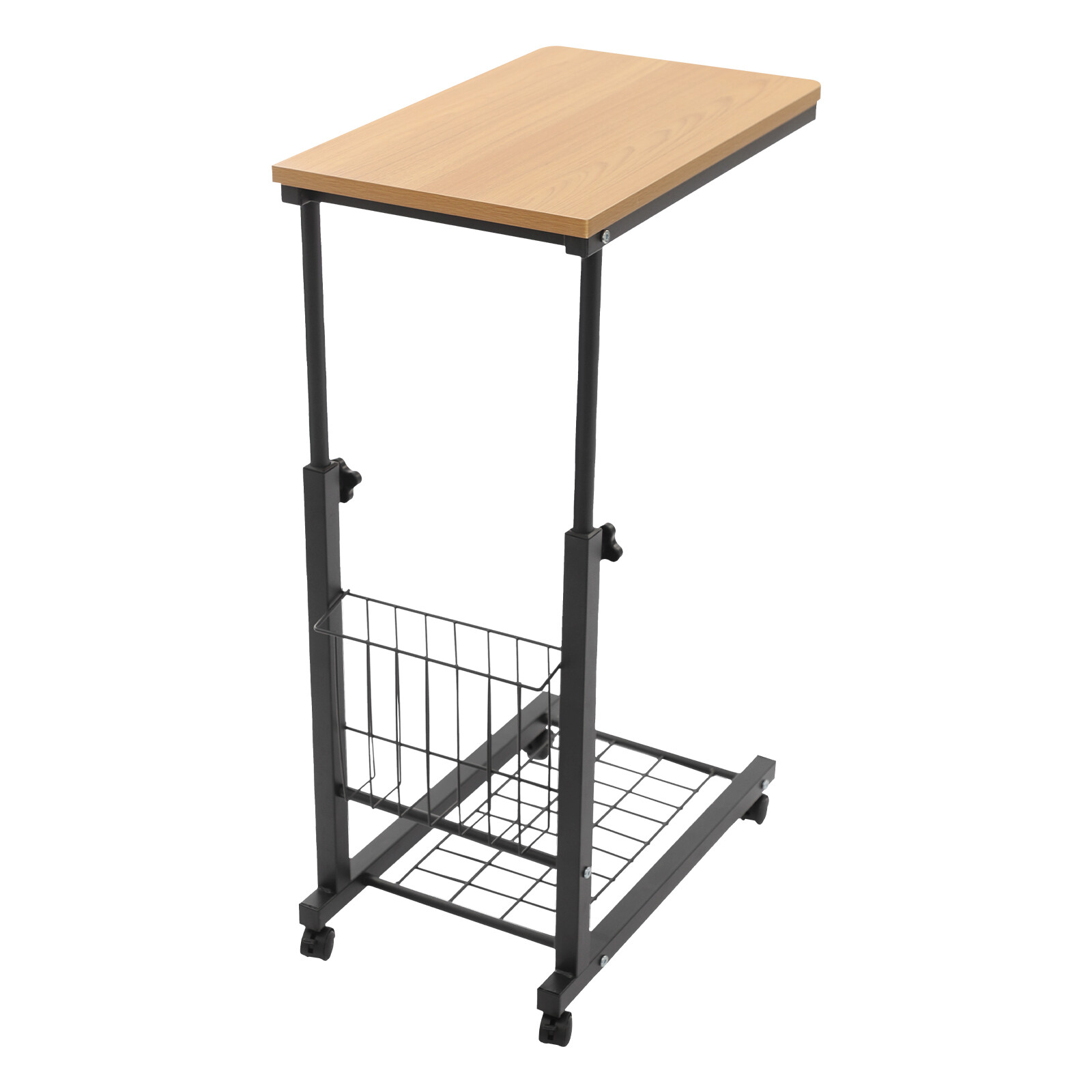 2 Tiers Adjustable Bed Side Table Teak Color Mobile Standalone Table w/ Wheels