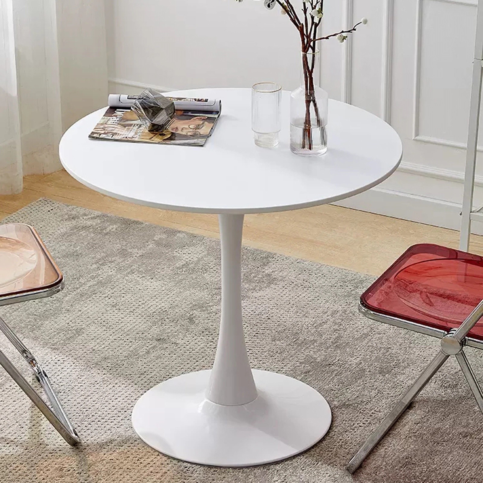 White Round Table 24″ Modern Dining Table MDF Top and Steel Base for Living Room