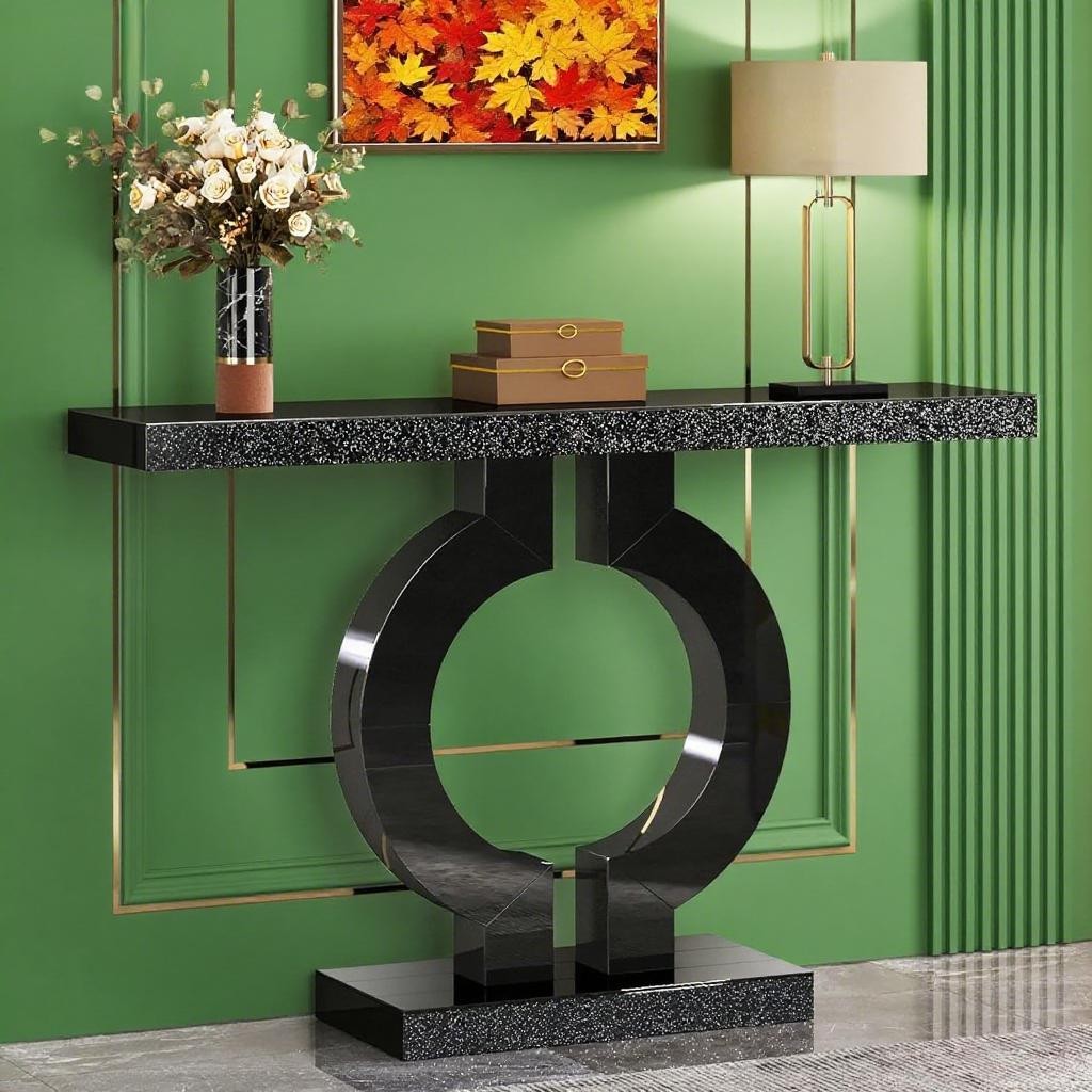 Long Console Table with A Pristine Mirrored Finish and A Unique O-shaped Base
