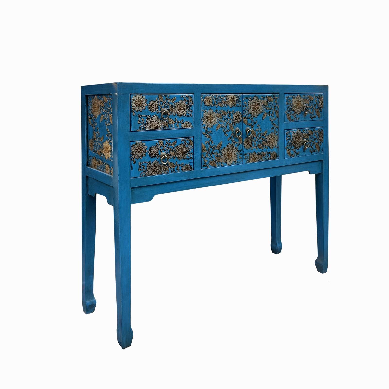 Blue Lacquer Golden Flower Graphic Drawers Slim Foyer Side Table cs7732