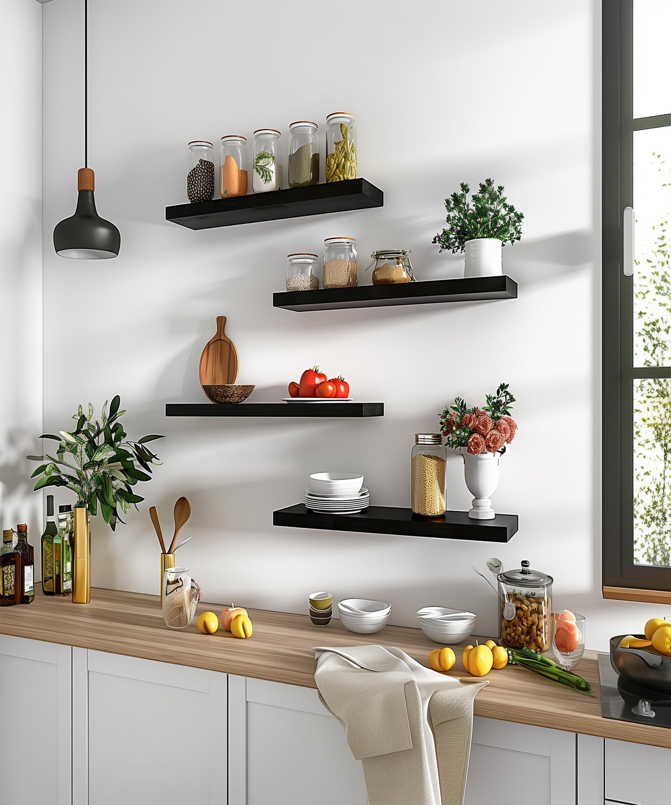 PHPH Wood Floating Shelves for Wall, Wooden Wall 17in, Black