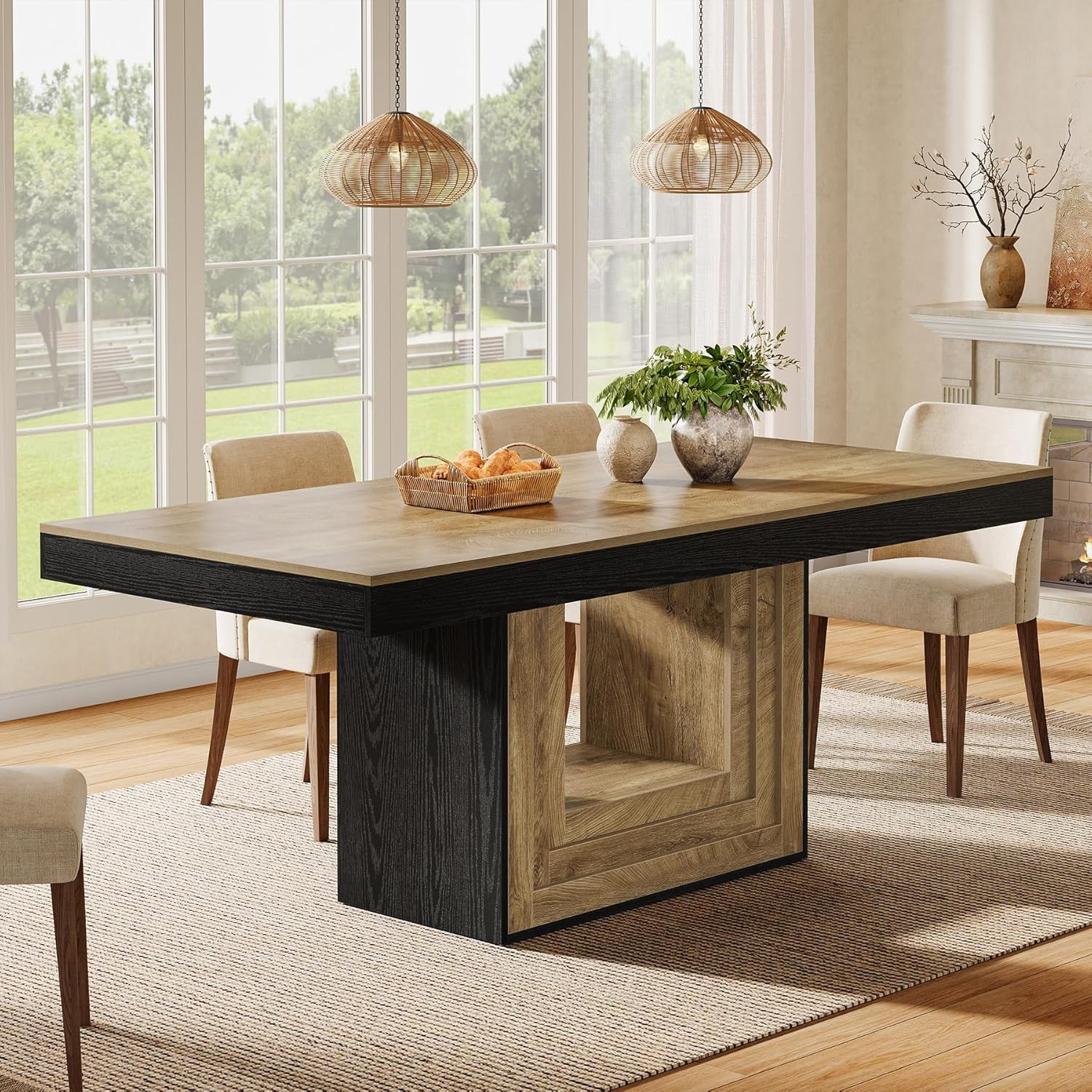 63 Inch Rectangular Dining Table Farmhouse Wooden Kitchen Table for 4-6 People