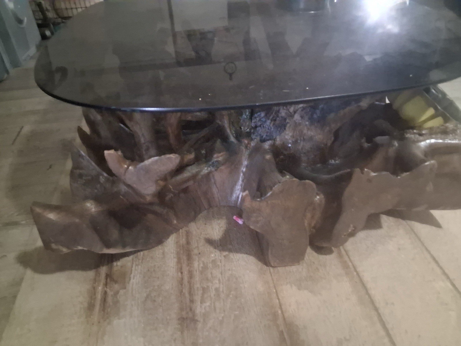 Round Glass Top Coffee Table Ebony Wood Base 42x42x42 Glossy Modern