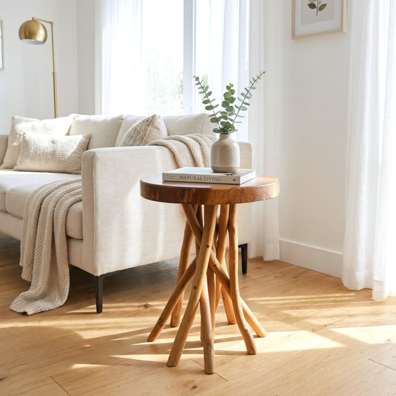 Teak Wood Stick Leg End Table, 16″ L x 16″ W x 20″ H Rustic Side Table, Small…