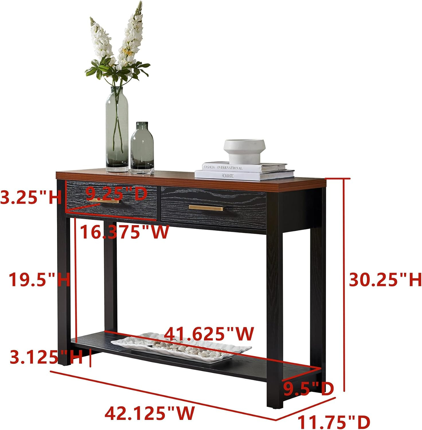 Modern Black Wood Console Table with 2 Drawers & Open Shelf for Any Room