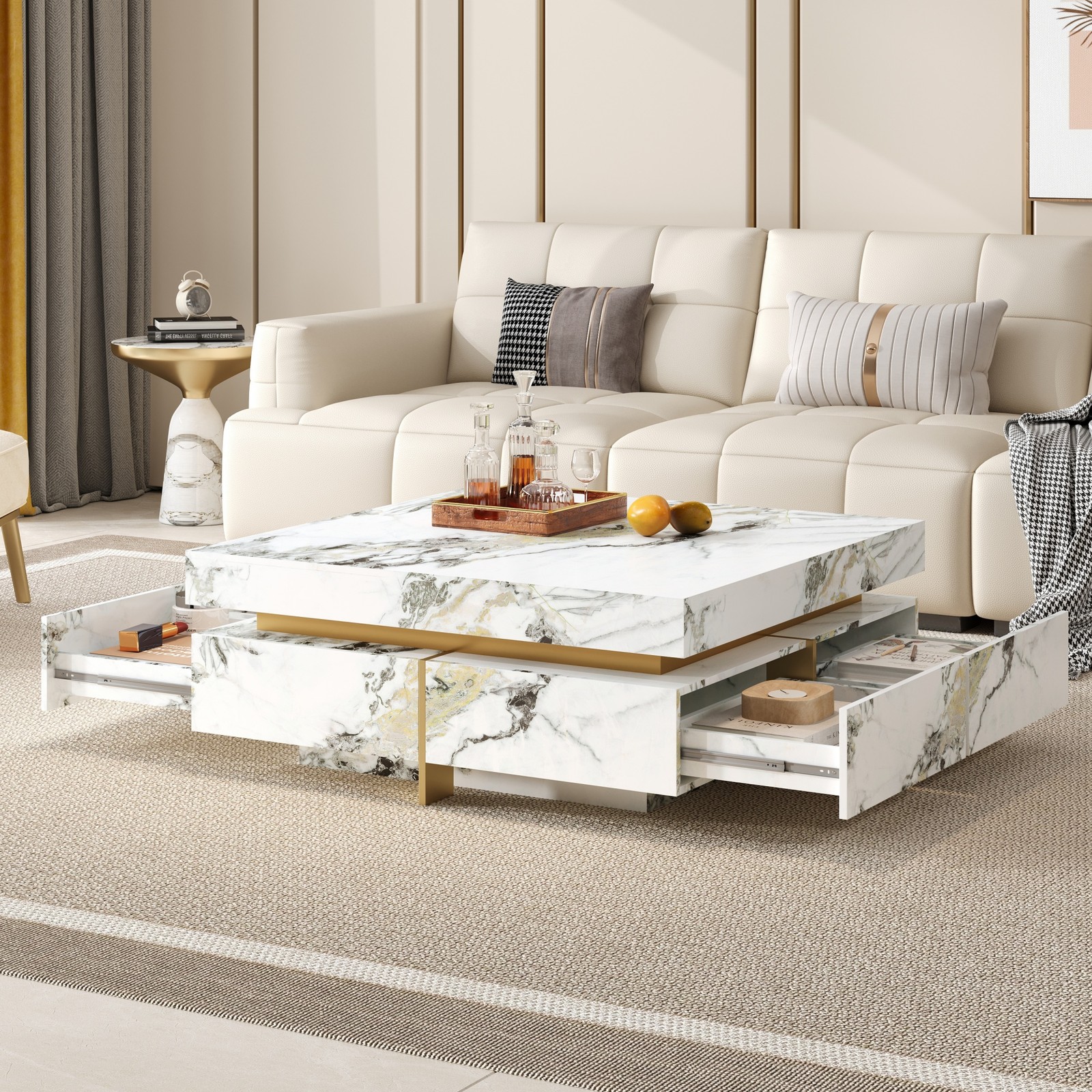 Modern White Square Marble Coffee Table with 4 Drawers, 43.3″