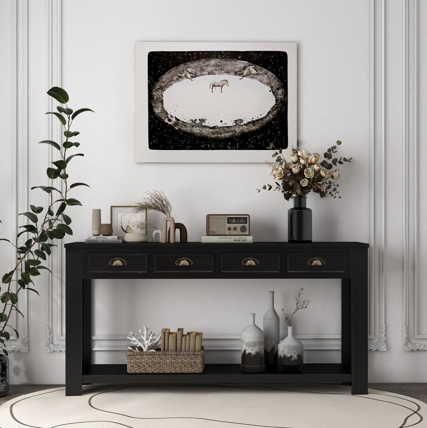 Rustic Entryway Console Table 60 ” Long Sofa Table with 4 Drawers Shelf Wooden