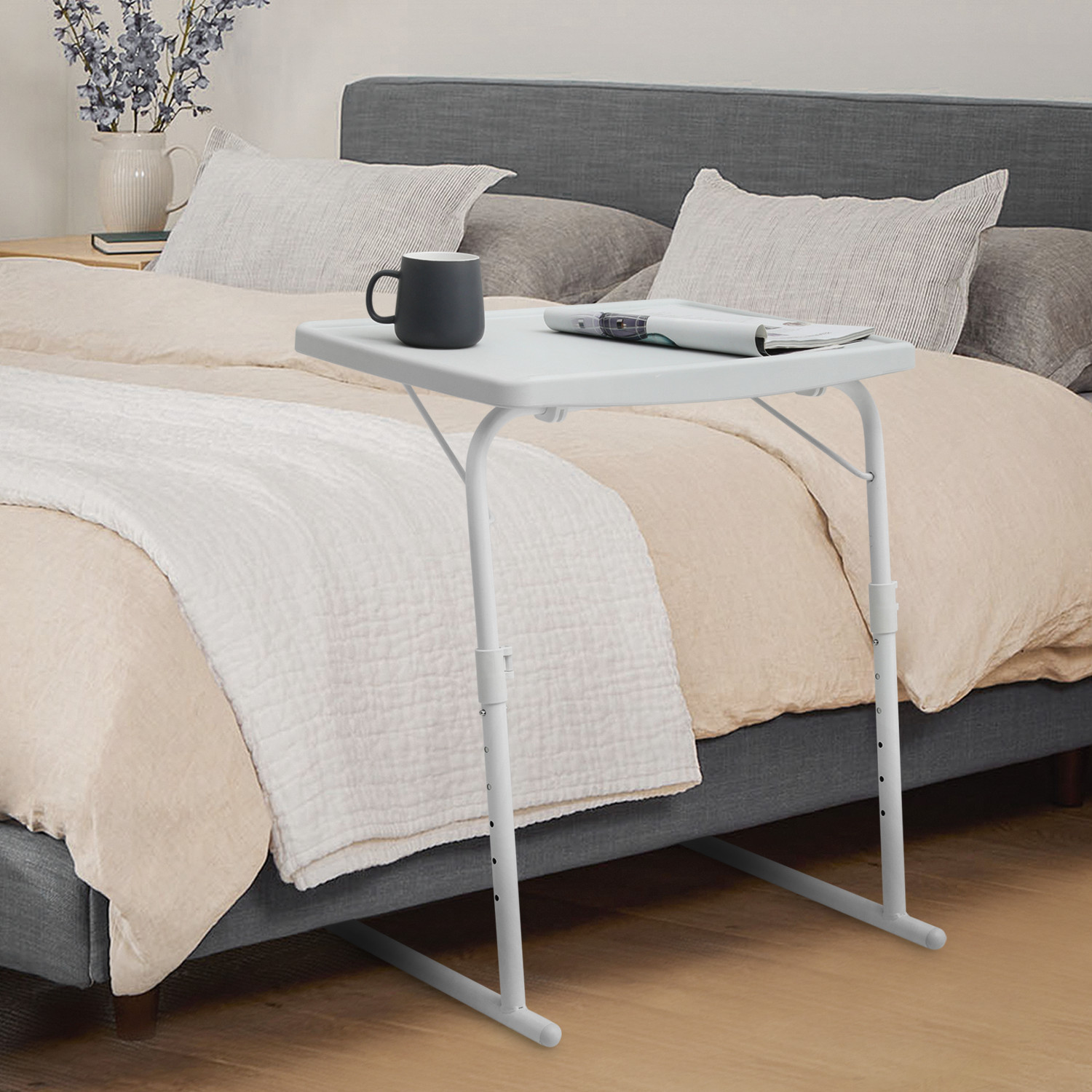 White Folding Adjustable Height TV Tray Portable Sofa Bed Side Table Laptop Desk