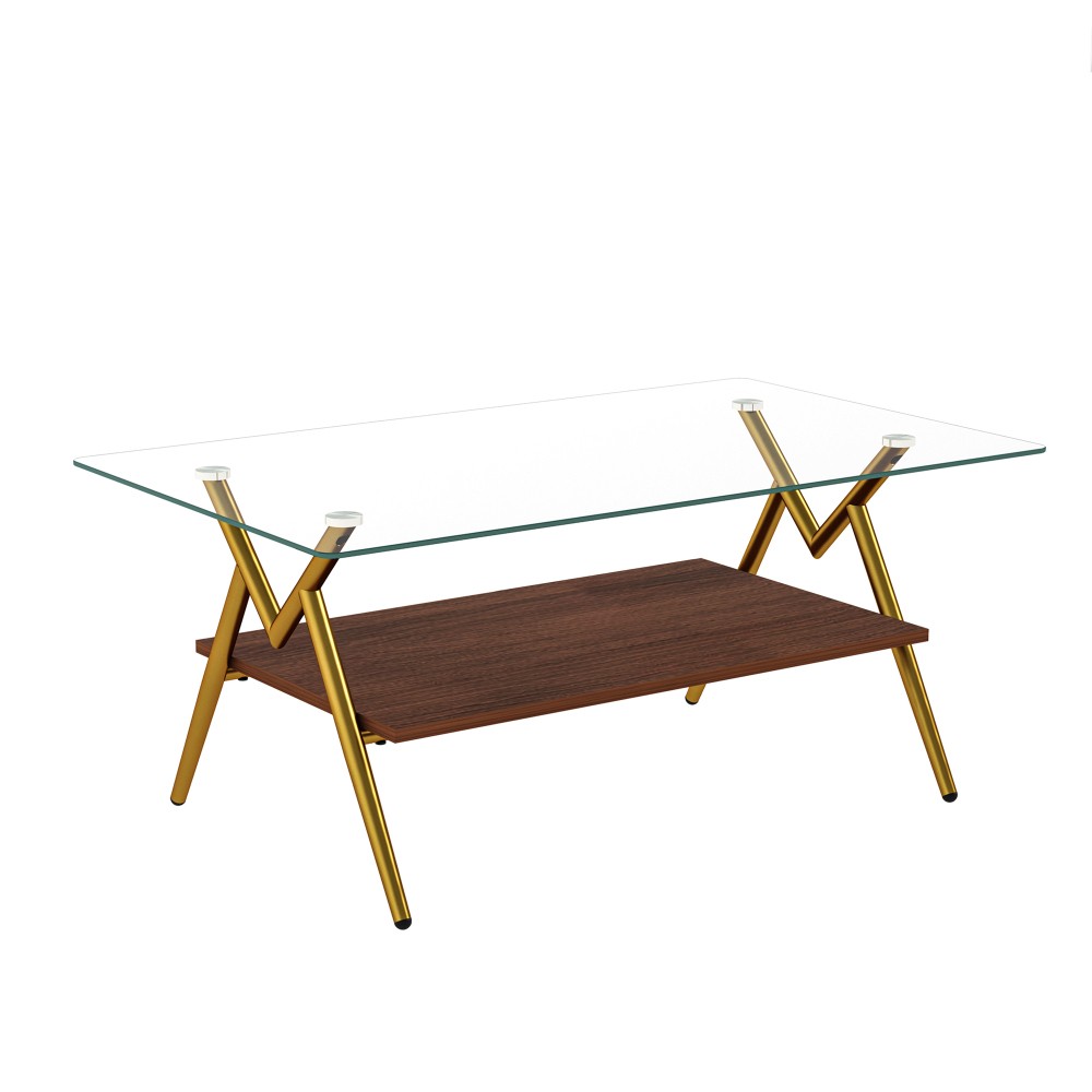Rectangle Coffee Table, Tempered Glass Top, Gold Metal Legs, Modern Clear