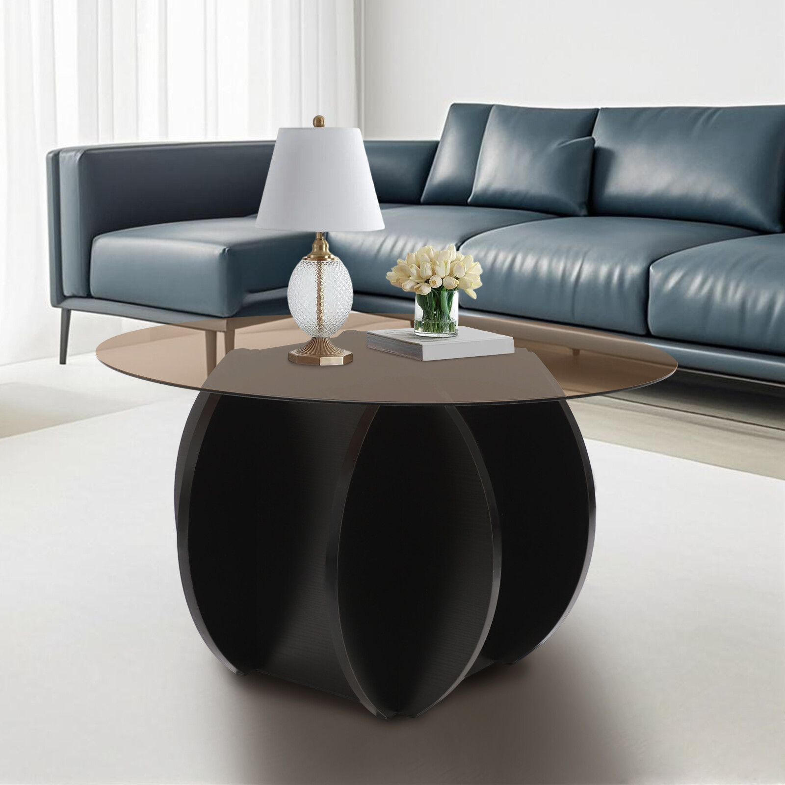 31″ Round Glass Tabletop Coffee Table Unique Circle Center Table with Wood Base